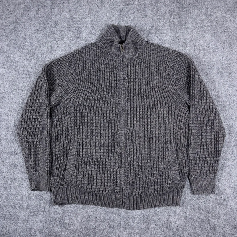 LL Bean Full Zip Cardigan Sweater Mens Large Gray Organic Cotton Waffle Knit